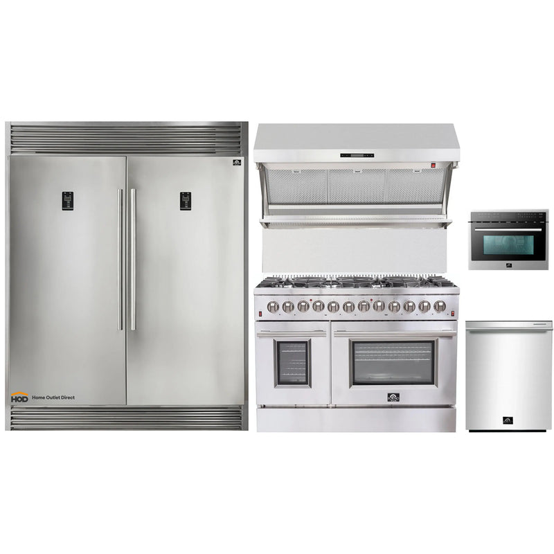 Forno 5-Piece Appliance Package - 48-Inch Dual Fuel Range, 56-Inch Pro-Style Refrigerator, Wall Mount Hood with Backsplash, Microwave Oven, & 3-Rack Dishwasher in Stainless Steel