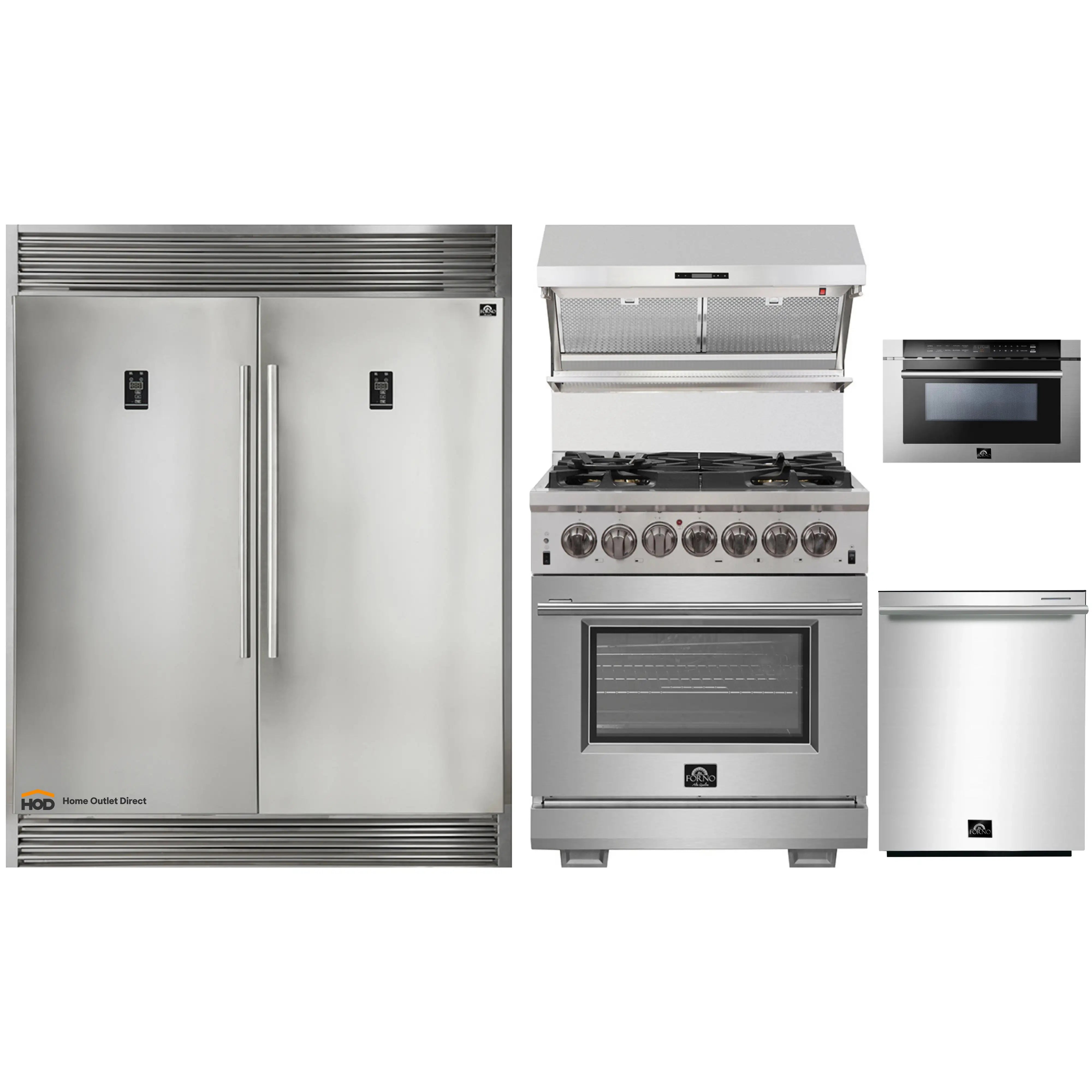 Forno 5-Piece Pro Appliance Package - 30-Inch Dual Fuel Range, 56-Inch Pro-Style Refrigerator, Wall Mount Hood with Backsplash, Microwave Drawer, & 3-Rack Dishwasher in Stainless Steel