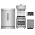 Forno 5-Piece Pro Appliance Package - 30-Inch Capriasca Dual Fuel Range, 60-Inch Pro-Style Refrigerator, Wall Mount Hood with Backsplash, 30-Inch Microwave Drawer, & 3-Rack Dishwasher in Stainless Steel