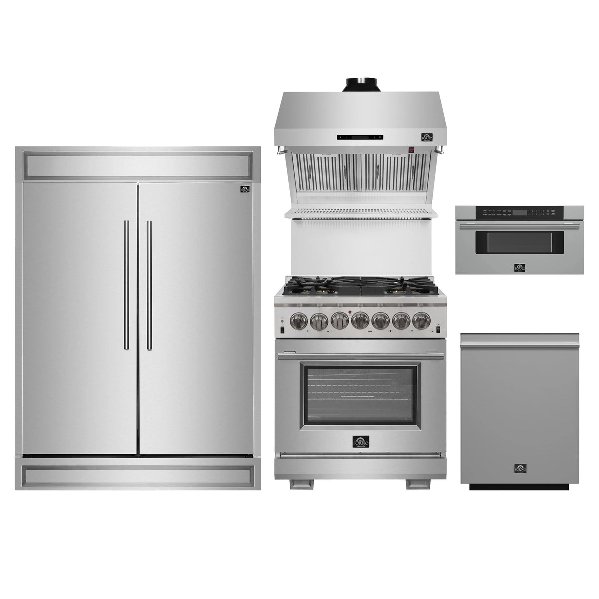 Forno 5-Piece Pro Appliance Package - 30-Inch Dual Fuel Range, 60-Inch Pro-Style Refrigerator, Wall Mount Hood with Backsplash, 30-Inch Microwave Drawer, & 3-Rack Dishwasher in Stainless Steel