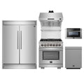 Forno 5-Piece Pro Appliance Package - 30-Inch Capriasca Dual Fuel Range, 60-Inch Pro-Style Refrigerator, Wall Mount Hood with Backsplash, 24-Inch Microwave Drawer, & 3-Rack Dishwasher in Stainless Steel
