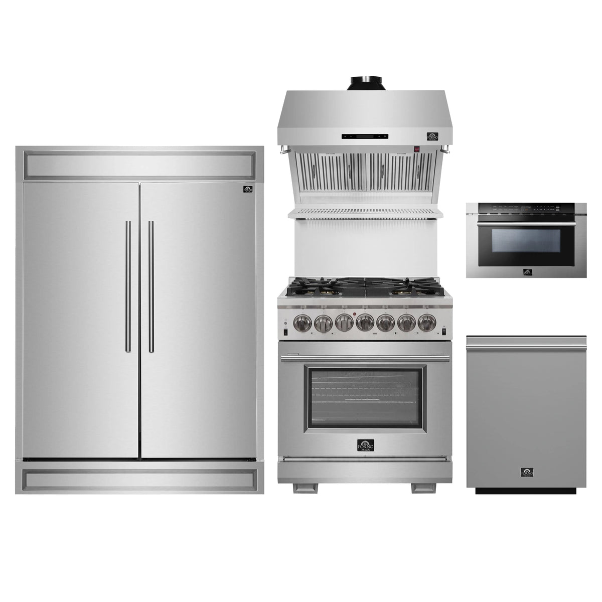 Forno 5-Piece Pro Appliance Package - 30-Inch Dual Fuel Range, 60-Inch Pro-Style Refrigerator, Wall Mount Hood with Backsplash, 24-Inch Microwave Drawer, & 3-Rack Dishwasher in Stainless Steel