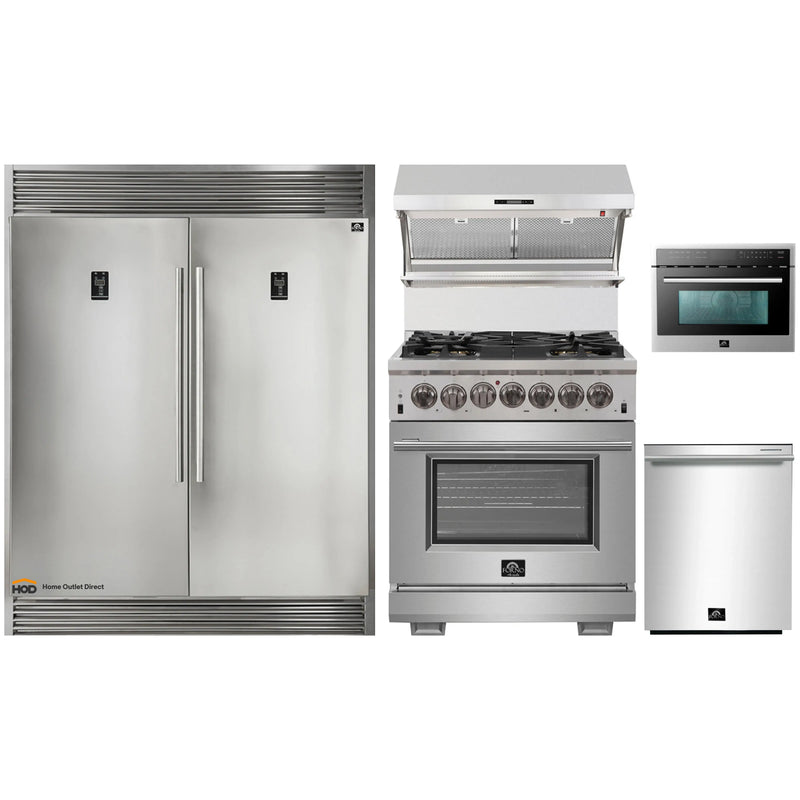 Forno 5-Piece Pro Appliance Package - 30-Inch Dual Fuel Range, 56-Inch Pro-Style Refrigerator, Wall Mount Hood with Backsplash, Microwave Oven, & 3-Rack Dishwasher in Stainless Steel