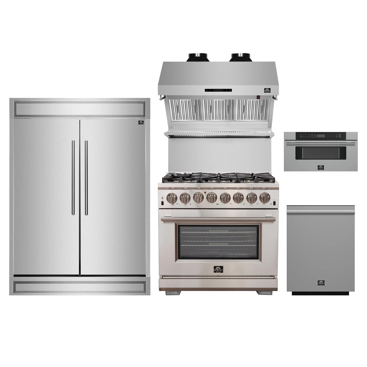 Forno 5-Piece Pro Appliance Package - 36-Inch Dual Fuel Range, 60-Inch Pro-Style Refrigerator, Wall Mount Hood with Backsplash, 30-Inch Microwave Drawer, & 3-Rack Dishwasher in Stainless Steel