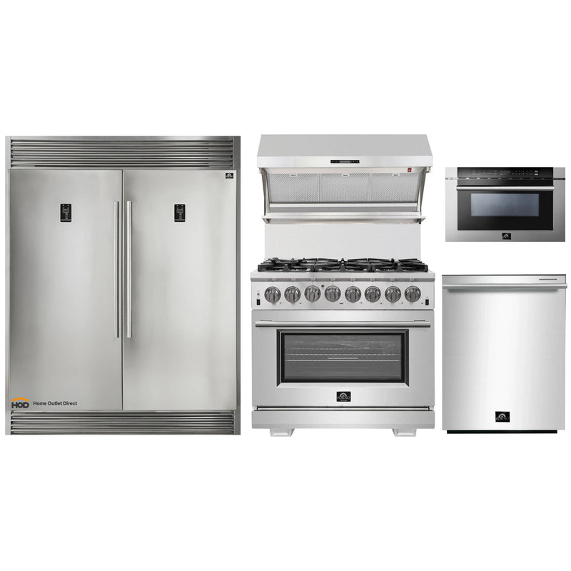 Forno 5-Piece Pro Appliance Package - 36-Inch Dual Fuel Range, 60-Inch Pro-Style Refrigerator, Wall Mount Hood with Backsplash, Microwave Drawer, & 3-Rack Dishwasher in Stainless Steel