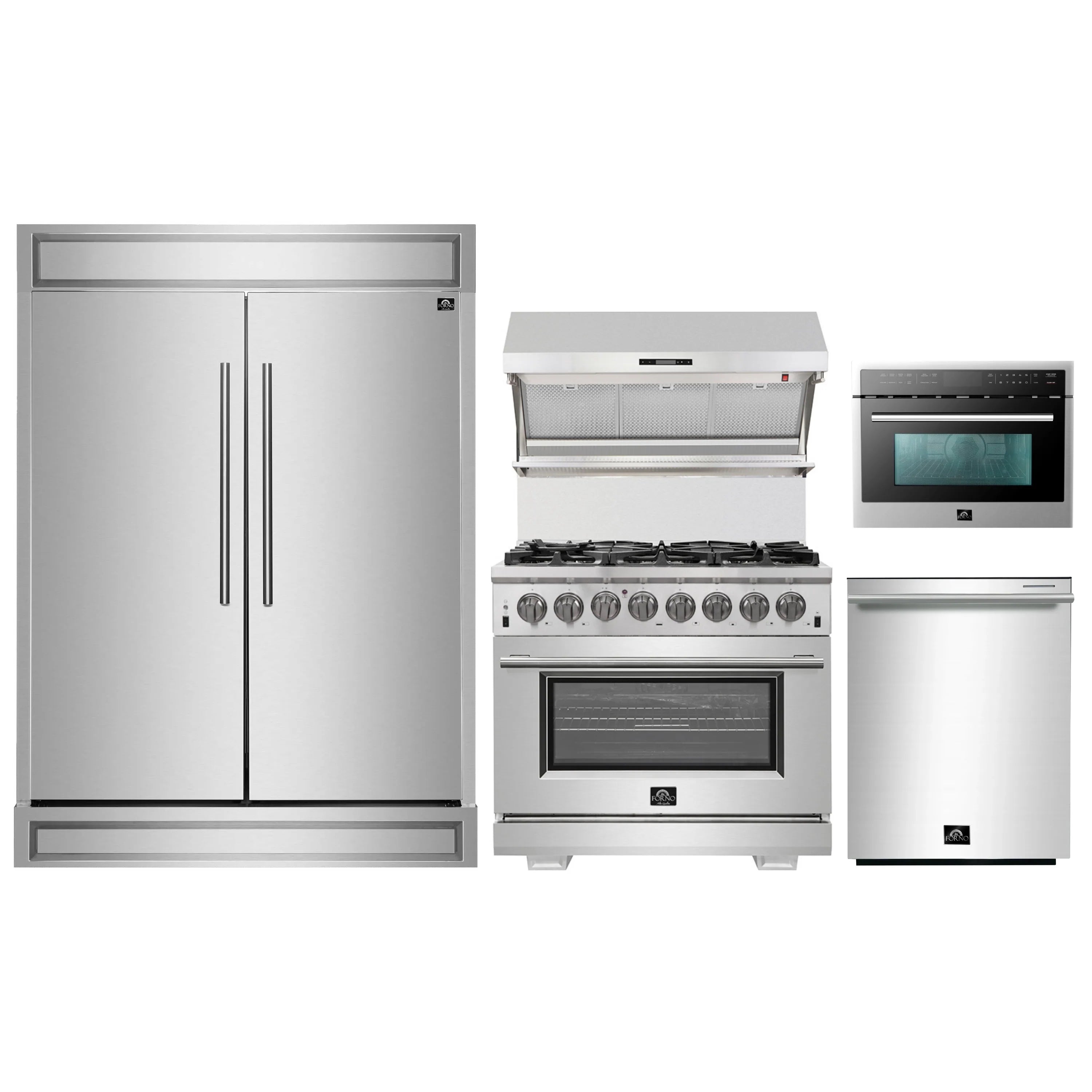 Stainless steel kitchen appliance set with refrigerator, dual-fuel range, microwave, dishwasher