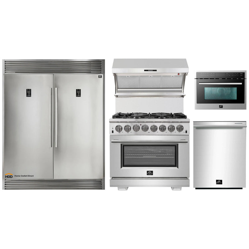 Forno 5-Piece Pro Appliance Package - 36-Inch Dual Fuel Range, 56-Inch Pro-Style Refrigerator, Wall Mount Hood with Backsplash, Microwave Oven, & 3-Rack Dishwasher in Stainless Steel