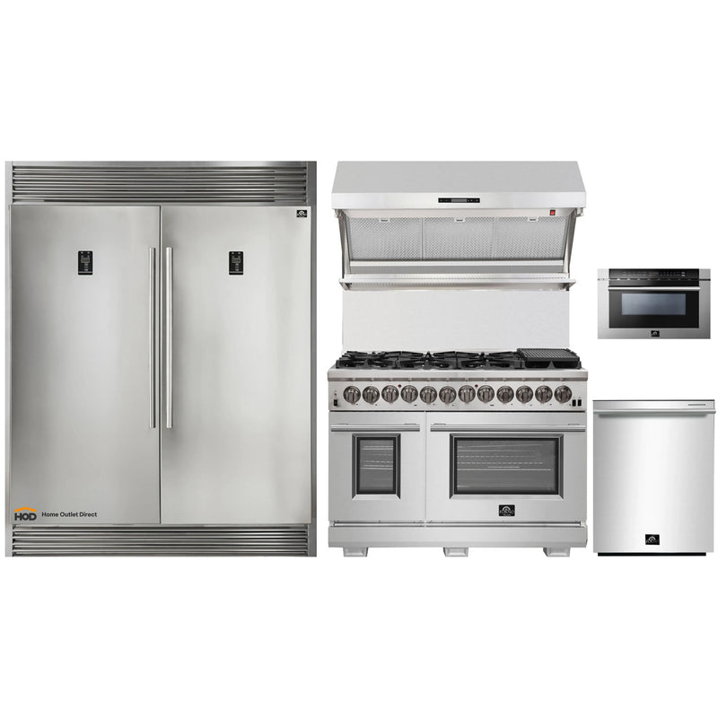 Forno 5-Piece Pro Appliance Package - 48-Inch Dual Fuel Range, 56-Inch Pro-Style Refrigerator, Wall Mount Hood with Backsplash, Microwave Drawer, & 3-Rack Dishwasher in Stainless Steel