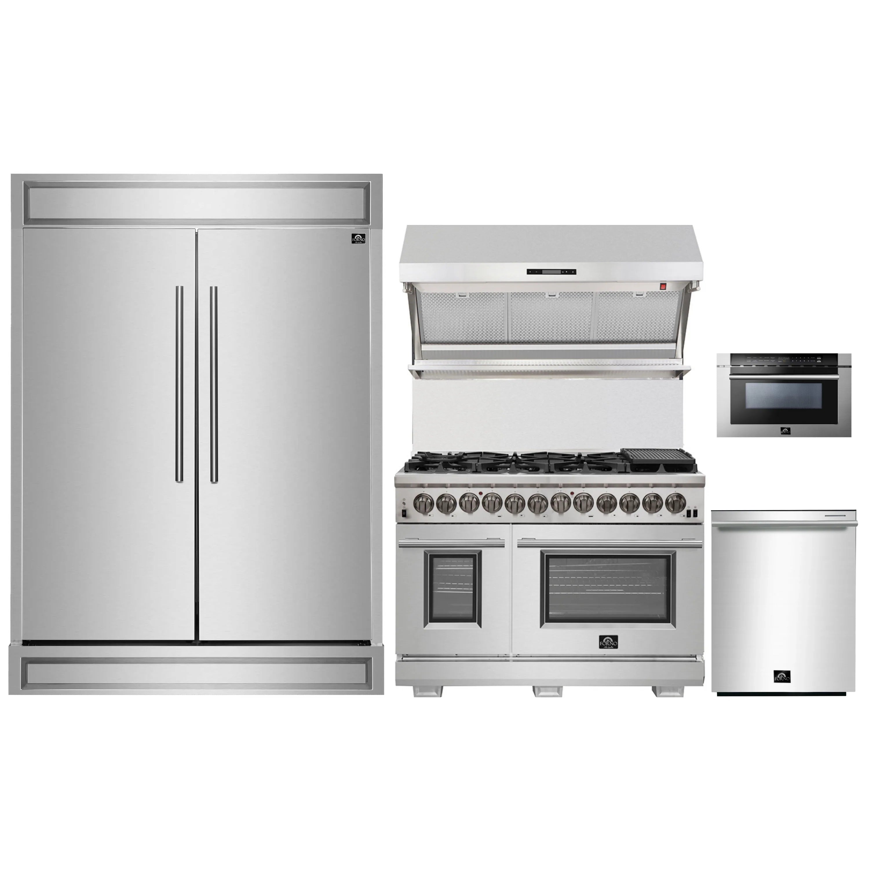 Stainless appliance package set: refrigerator, dual-fuel range, hood, microwave, dishwasher