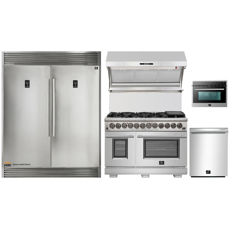 Forno Galiano 4-Piece Appliance Package - 36-Inch Gas Range, 36-Inch Hood, 36-Inch Refrigerator, & 24-Inch Dishwasher in Black with Antique Brass Trim