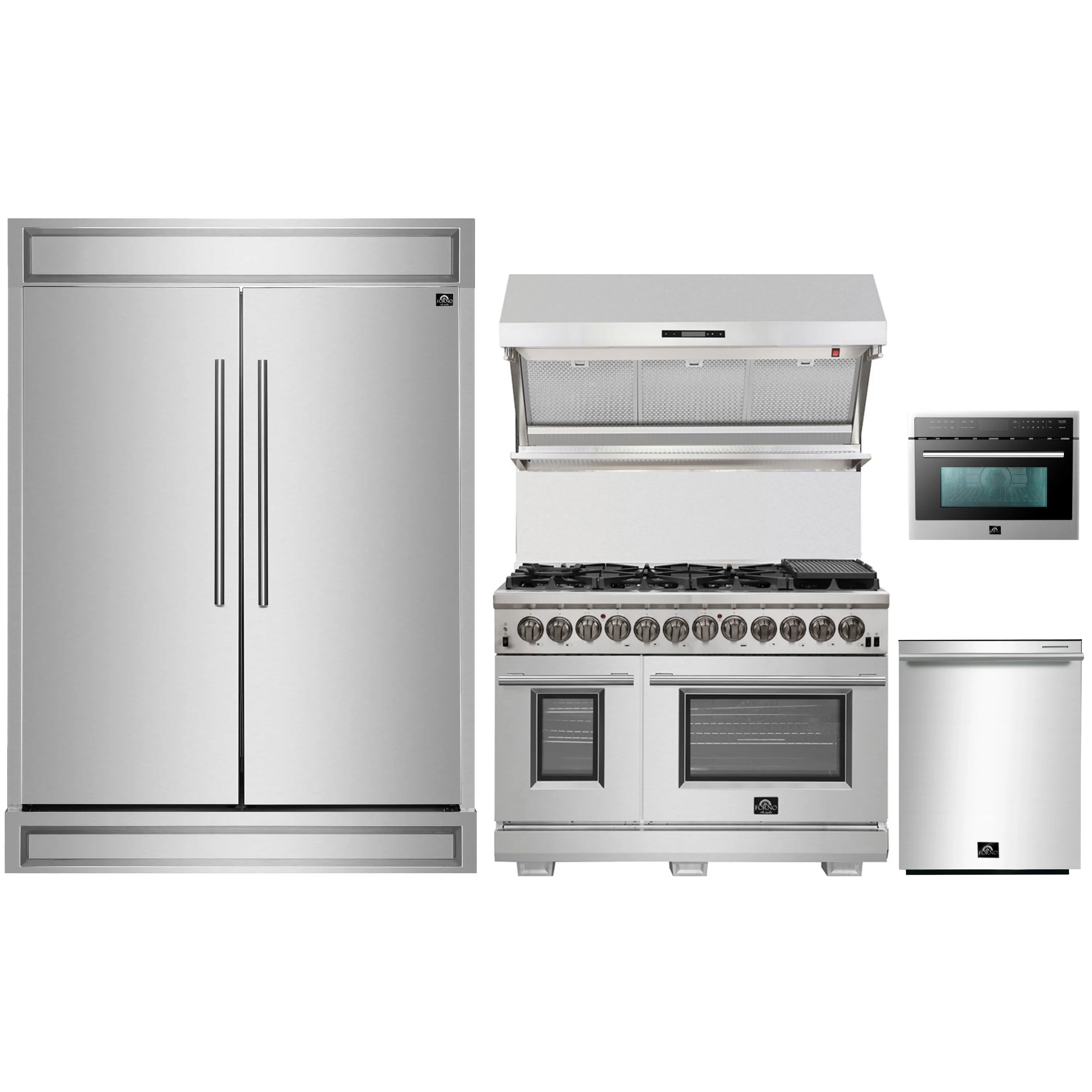 Stainless steel appliance set with refrigerator, range, microwave, and dishwasher