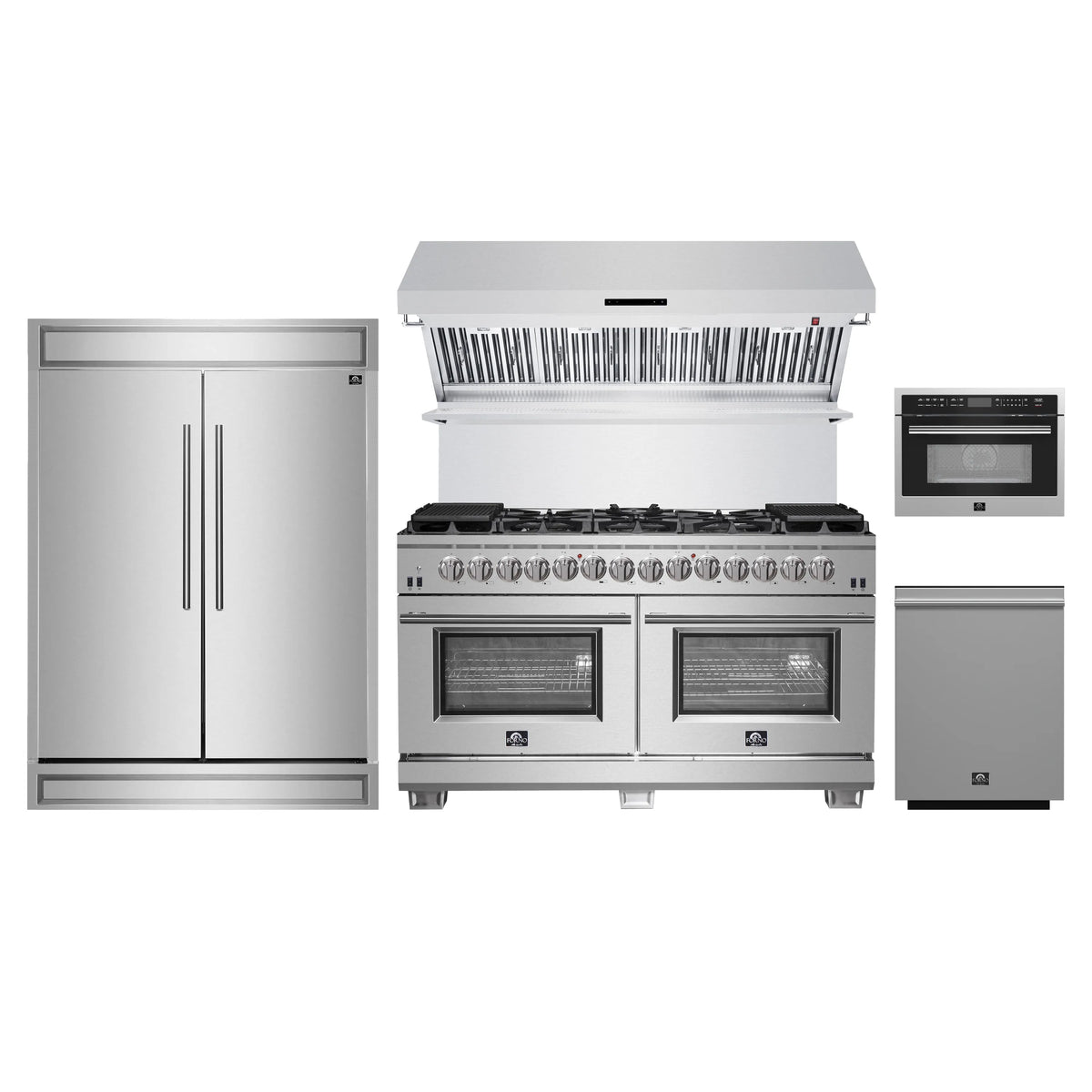 Forno 5-Piece Pro Appliance Package - 60-Inch Dual Fuel Range, 60-Inch Pro-Style Refrigerator, Wall Mount Hood with Backsplash, 24-Inch Microwave Oven, & 3-Rack Dishwasher in Stainless Steel