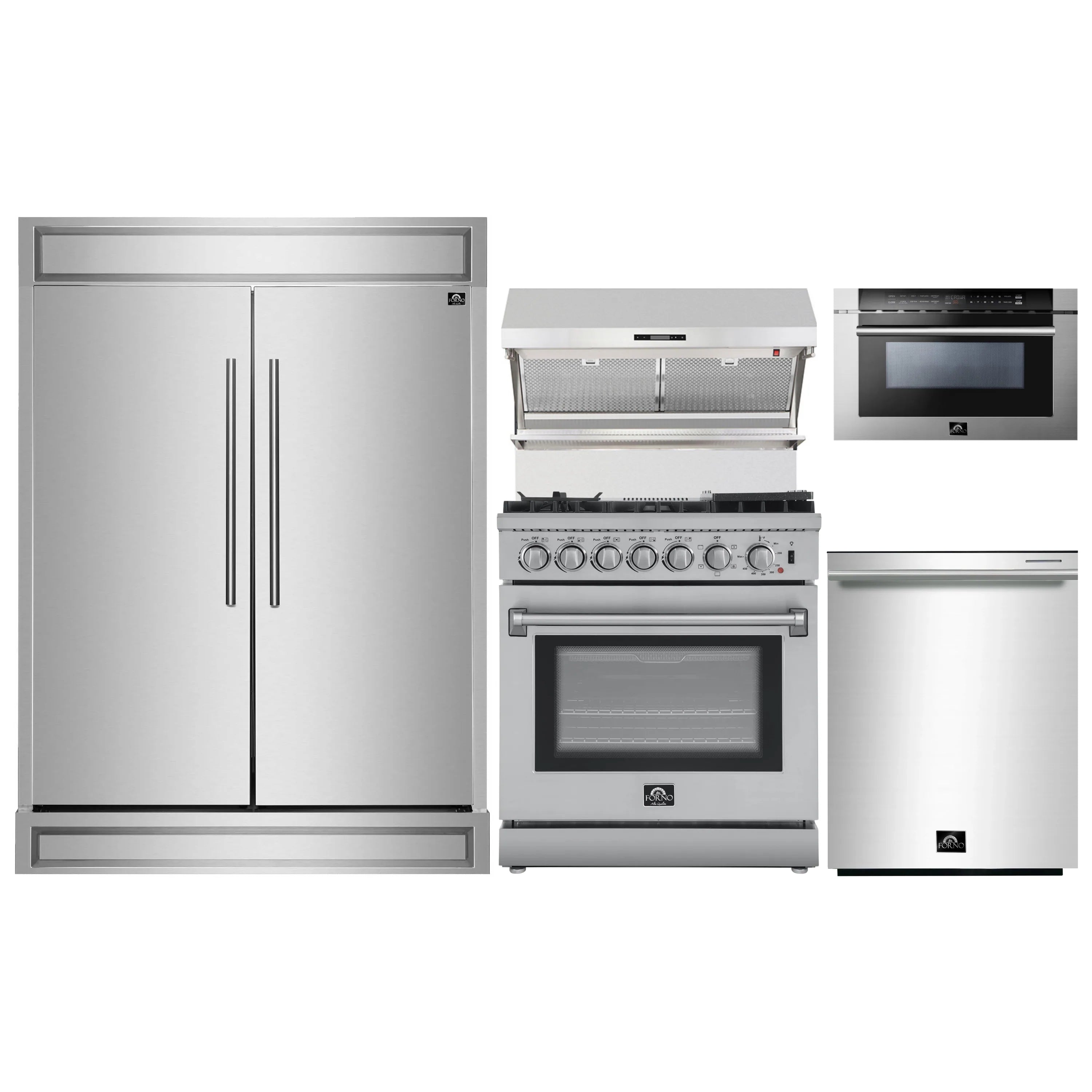 Stainless steel 5-piece appliance package with refrigerator, range, hood, microwave, dishwasher