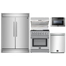 Forno 5-Piece Appliance Package - 30-Inch Dual Fuel Range with Air Fryer, 60-Inch Pro-Style Refrigerator, Wall Mount Hood with Backsplash, 24-Inch Microwave Drawer, & 3-Rack Dishwasher in Stainless Steel