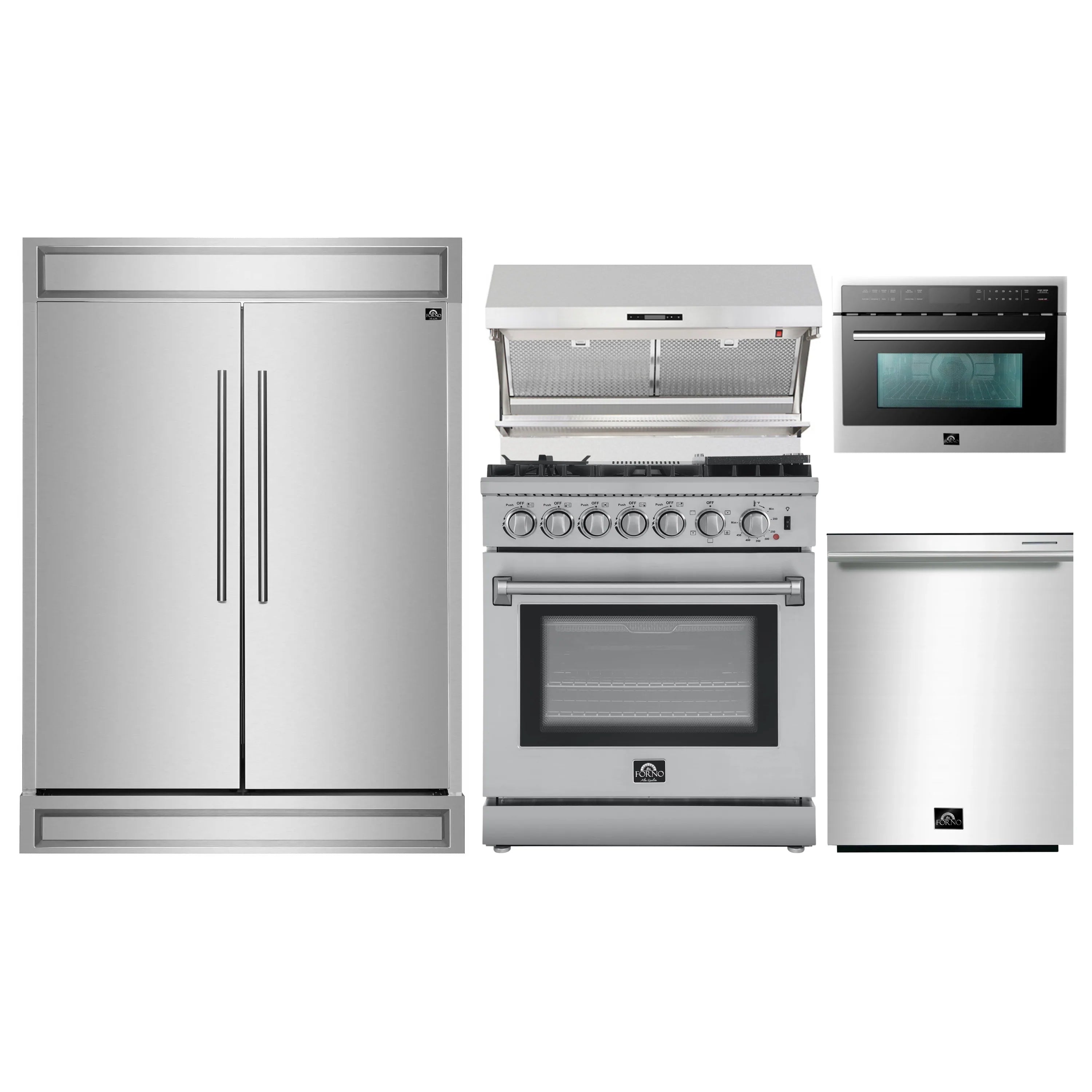Stainless steel kitchen appliance package: refrigerator, range, microwave, and dishwasher
