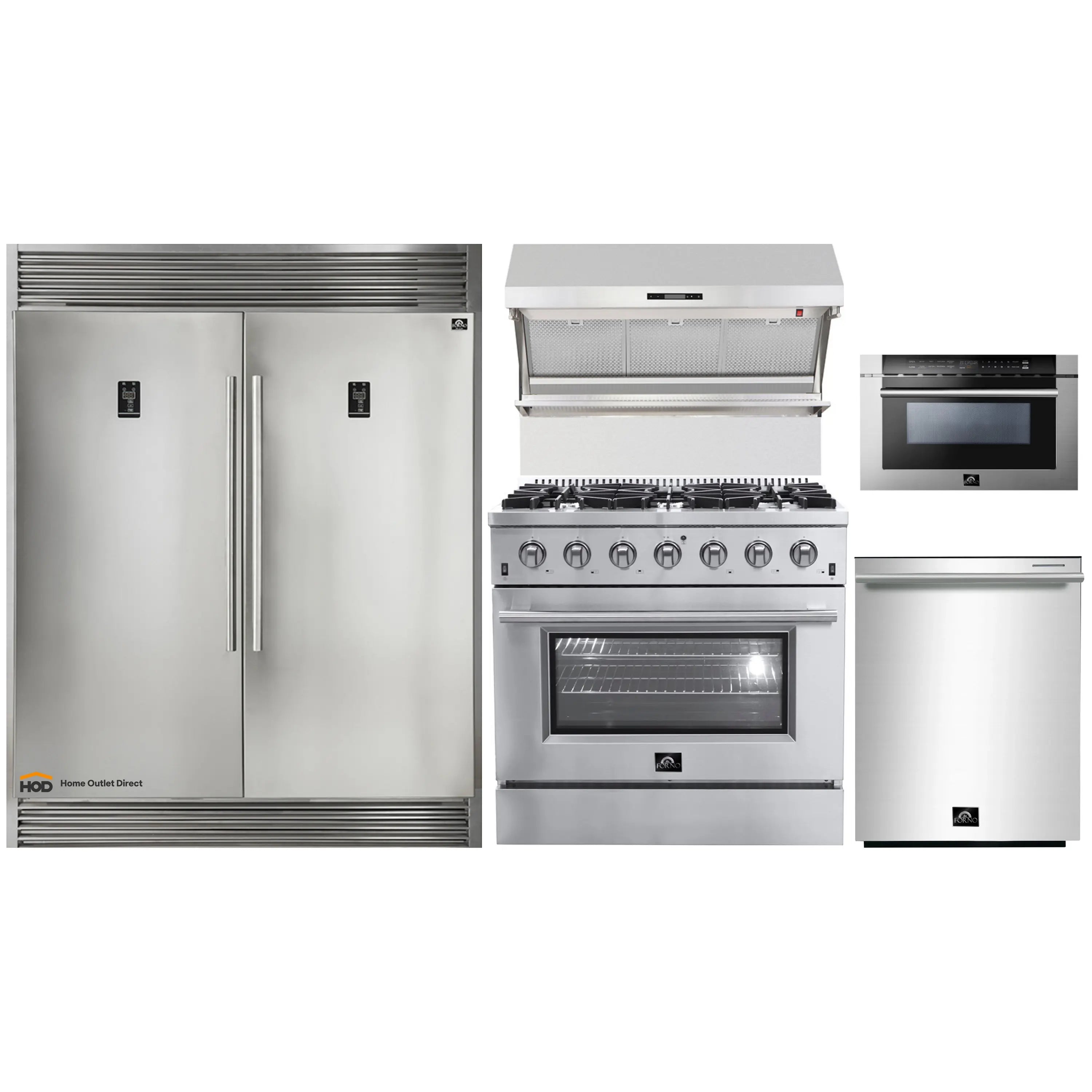 Forno 5-Piece Appliance Package - 36-Inch Gas Range, 56-Inch Pro-Style Refrigerator, Wall Mount Hood with Backsplash, Microwave Drawer, & 3-Rack Dishwasher in Stainless Steel