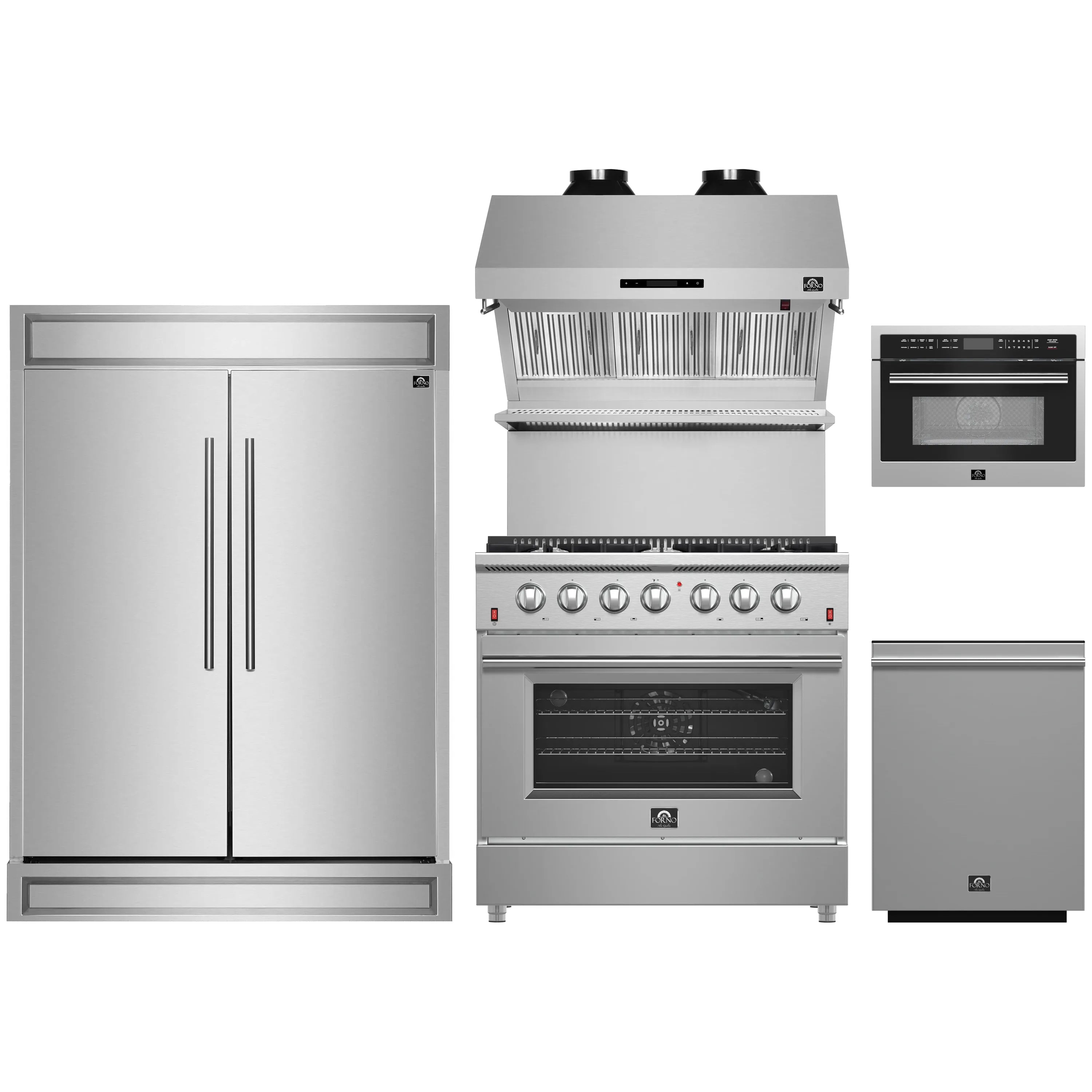 Stainless steel appliance set with refrigerator, gas range, microwave, and dishwasher