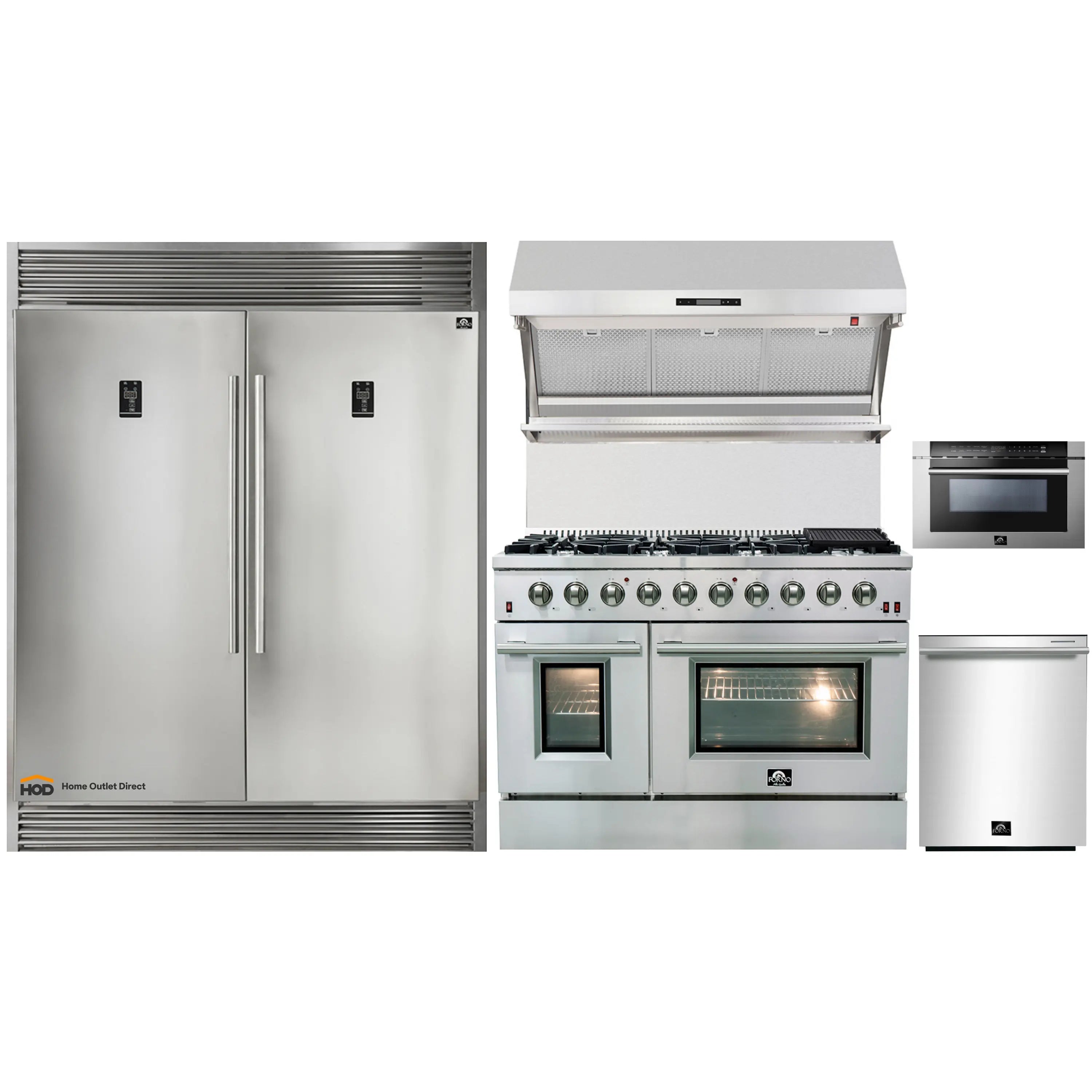 Forno 5-Piece Appliance Package - 48-Inch Gas Range, 56-Inch Pro-Style Refrigerator, Wall Mount Hood with Backsplash, Microwave Drawer, & 3-Rack Dishwasher in Stainless Steel