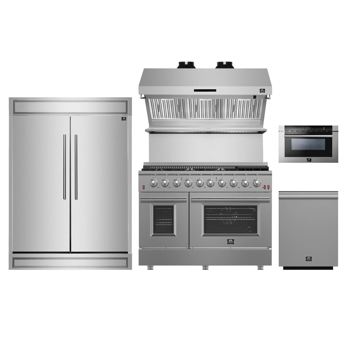 Forno 5-Piece Appliance Package - 48-Inch Gas Range, 60-Inch Pro-Style Refrigerator, Wall Mount Hood with Backsplash, 24-Inch Microwave Drawer, & 3-Rack Dishwasher in Stainless Steel