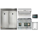 Forno 5-Piece Appliance Package - 48-Inch Gas Range, 60-Inch Pro-Style Refrigerator, Wall Mount Hood with Backsplash, 24-Inch Microwave Oven, & 3-Rack Dishwasher in Stainless Steel