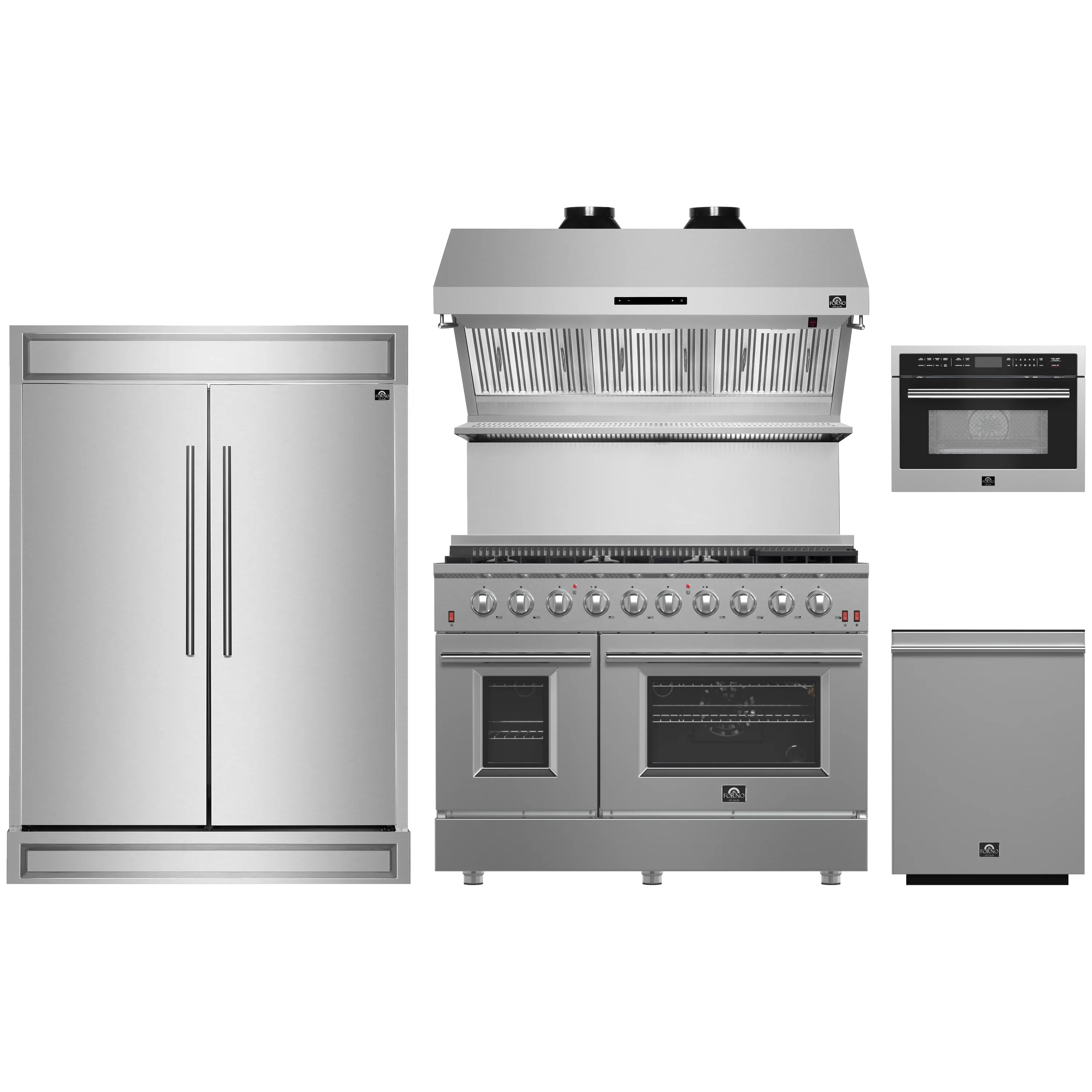 Forno 5-Piece Appliance Package - 48-Inch Gas Range, 60-Inch Pro-Style Refrigerator, Wall Mount Hood with Backsplash, 24-Inch Microwave Oven, & 3-Rack Dishwasher in Stainless Steel