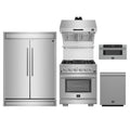 Forno 5-Piece Pro Appliance Package - 30-Inch Capriasca Gas Range, 60-Inch Pro-Style Refrigerator, Wall Mount Hood with Backsplash, 30-Inch Microwave Drawer, & 3-Rack Dishwasher in Stainless Steel
