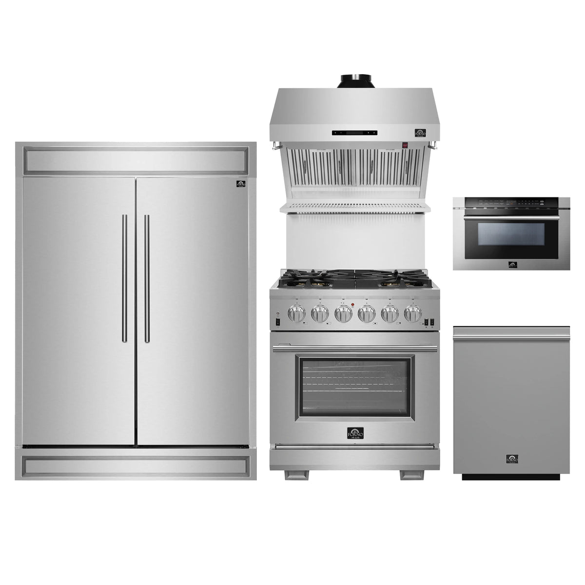 Forno 5-Piece Pro Appliance Package - 30-Inch Gas Range, 60-Inch Pro-Style Refrigerator, Wall Mount Hood with Backsplash, 24-Inch Microwave Drawer, & 3-Rack Dishwasher in Stainless Steel