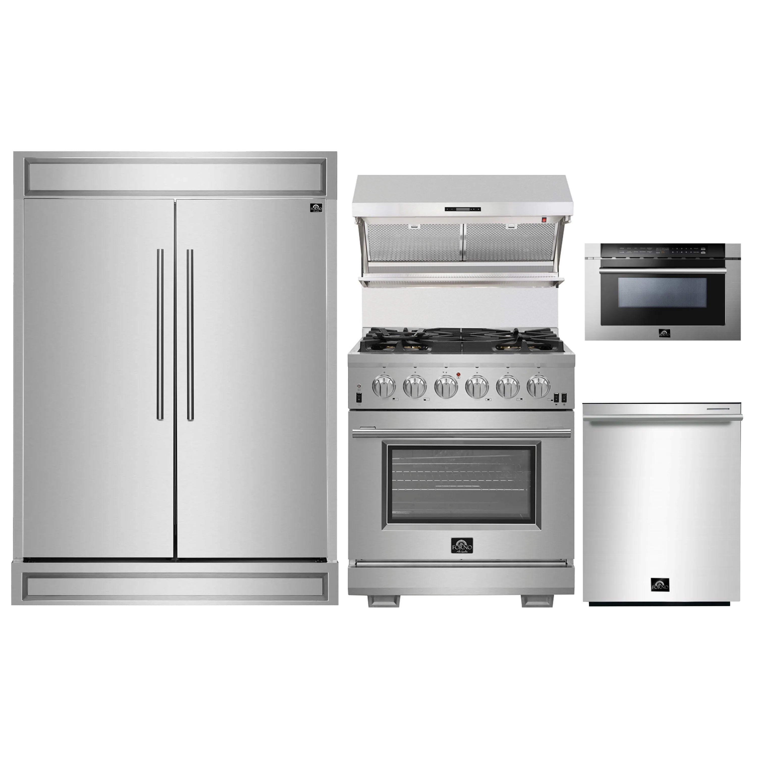 Stainless steel kitchen appliance package with refrigerator, gas range, microwave, and dishwasher