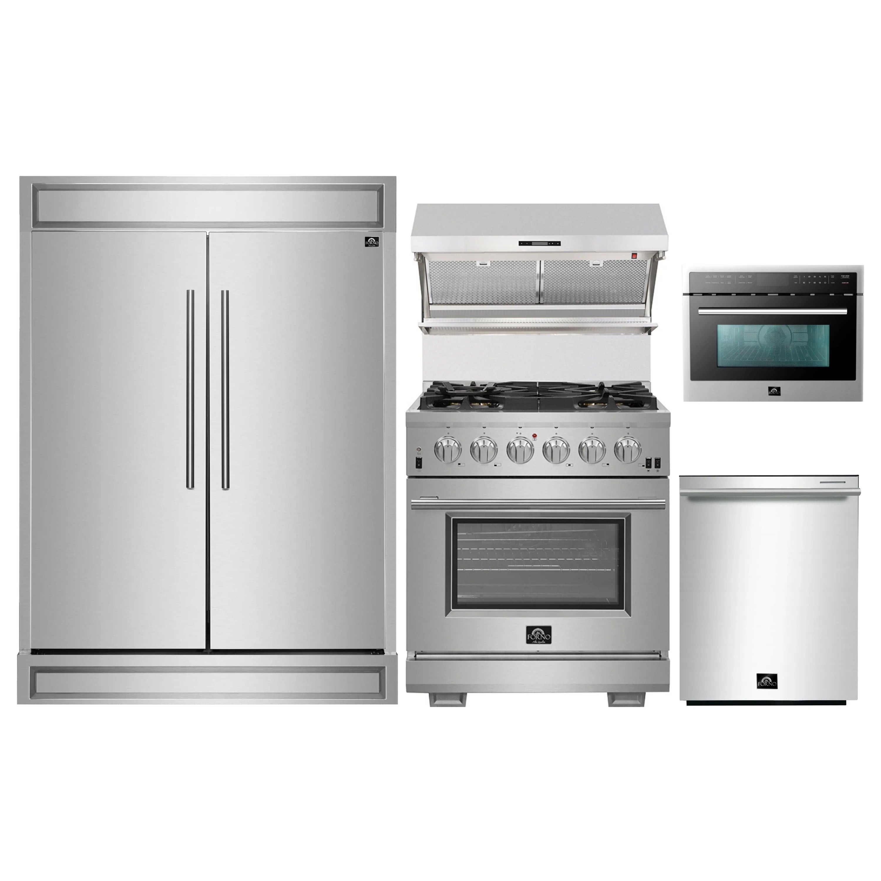 Stainless steel kitchen appliance set with refrigerator, gas range, hood, microwave, dishwasher