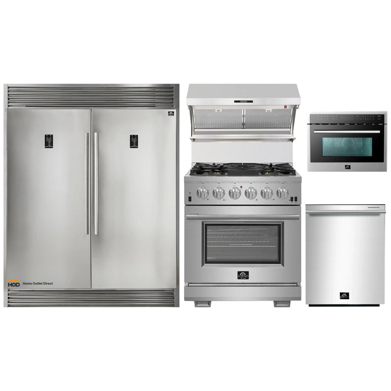 Forno 5-Piece Pro Appliance Package - 30-Inch Gas Range, 56-Inch Pro-Style Refrigerator, Wall Mount Hood with Backsplash, Microwave Oven, & 3-Rack Dishwasher in Stainless Steel