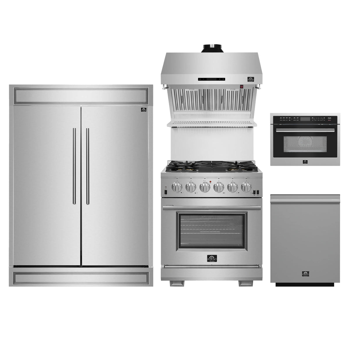 Forno 5-Piece Pro Appliance Package - 30-Inch Gas Range, 60-Inch Pro-Style Refrigerator, Wall Mount Hood with Backsplash, 24-Inch Microwave Oven, & 3-Rack Dishwasher in Stainless Steel