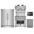 Forno 5-Piece Pro Appliance Package - 36-Inch Capriasca Gas Range, 60-Inch Pro-Style Refrigerator, Wall Mount Hood with Backsplash, 24-Inch Microwave Drawer, & 3-Rack Dishwasher in Stainless Steel