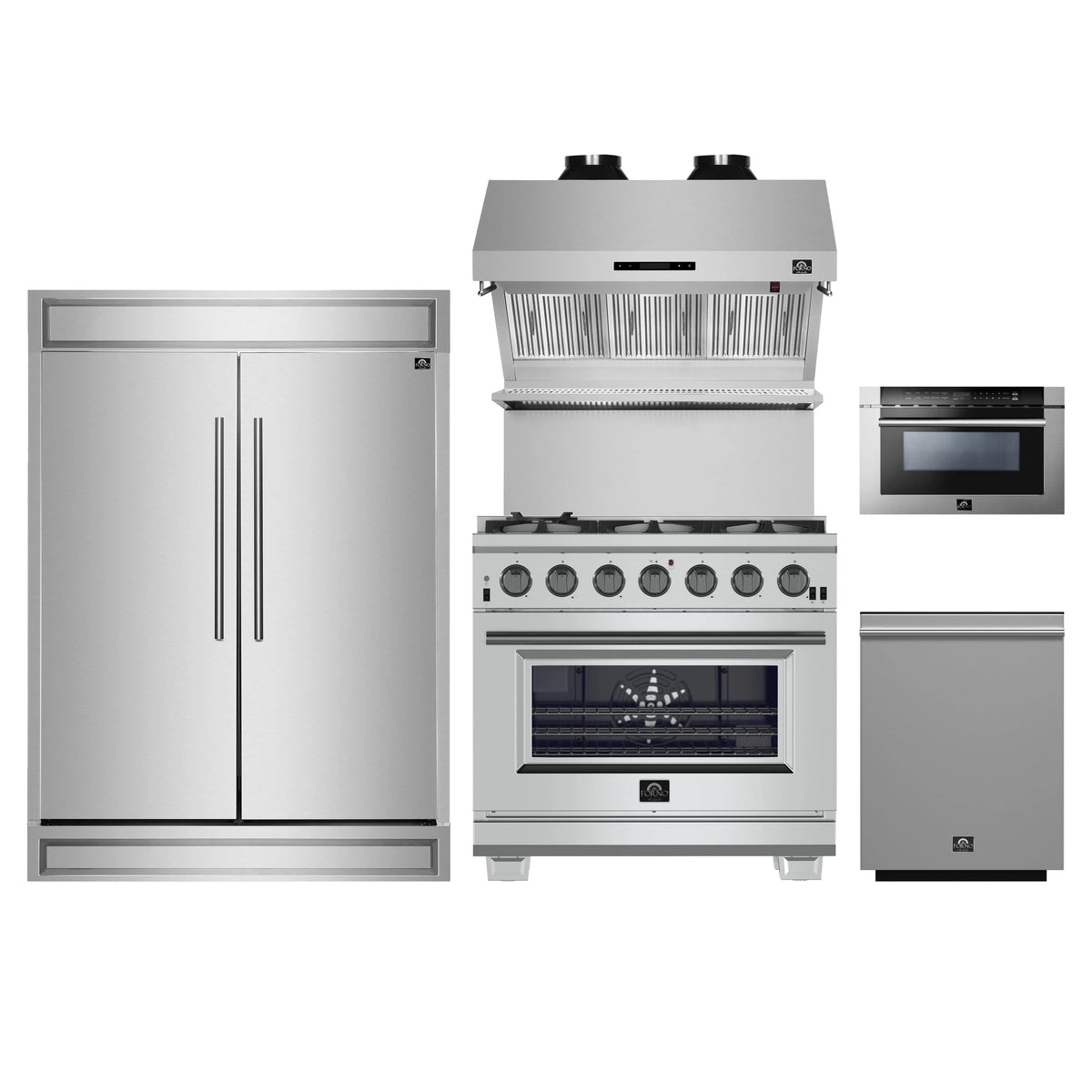 Forno 5-Piece Pro Appliance Package - 36-Inch Gas Range, 60-Inch Pro-Style Refrigerator, Wall Mount Hood with Backsplash, 24-Inch Microwave Drawer, & 3-Rack Dishwasher in Stainless Steel