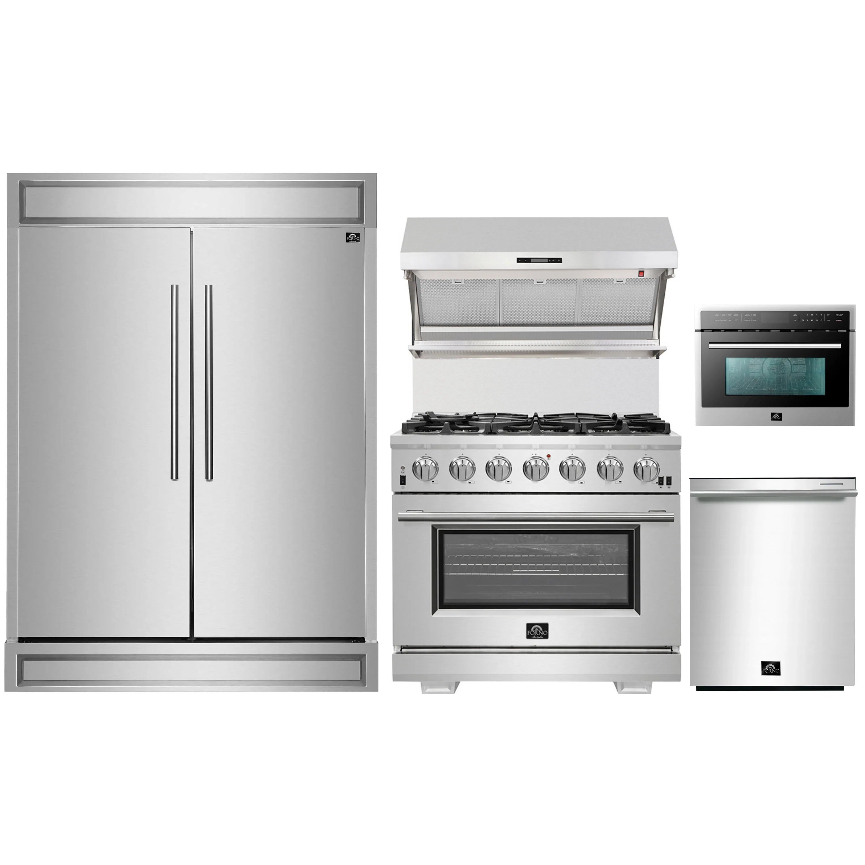 Stainless steel kitchen appliance package with refrigerator, gas range, microwave, dishwasher