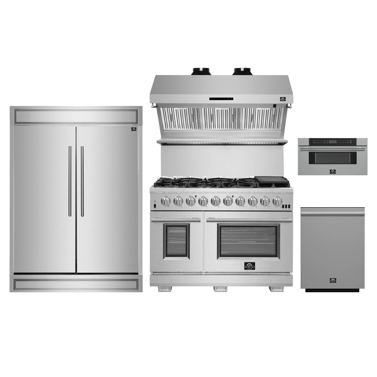 Forno 5-Piece Pro Appliance Package - 48-Inch Gas Range, 60-Inch Pro-Style Refrigerator, Wall Mount Hood with Backsplash, 30-Inch Microwave Drawer, & 3-Rack Dishwasher in Stainless Steel