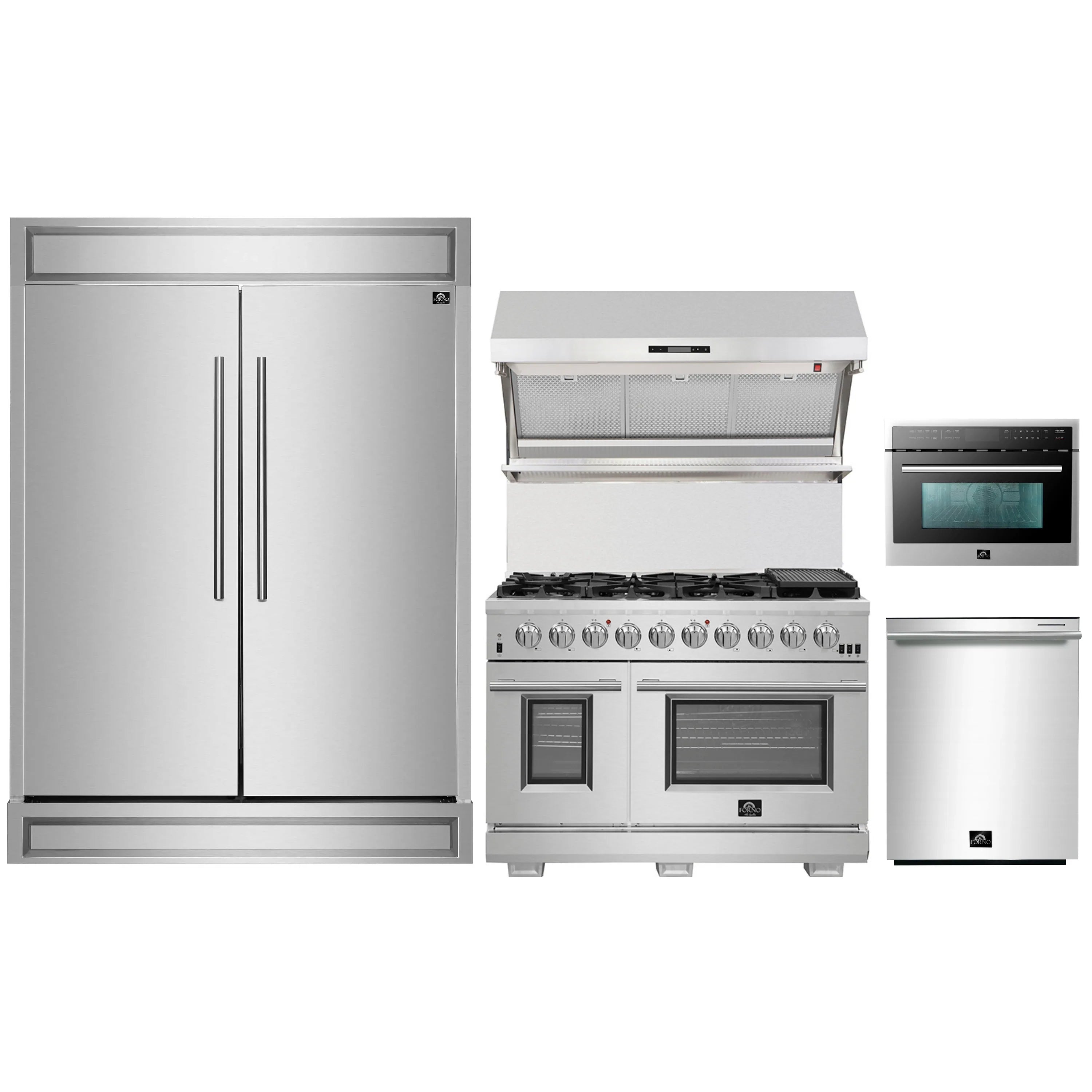 Stainless steel kitchen appliance set: refrigerator, gas range, microwave, and hood