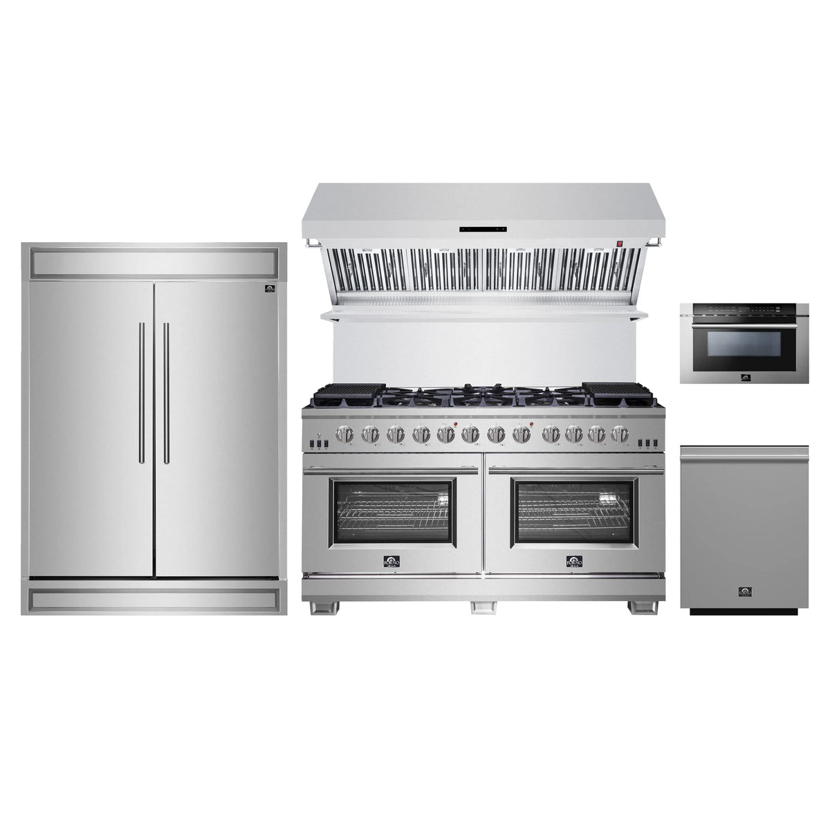 Forno 5-Piece Pro Appliance Package - 60-Inch Gas Range, 60-Inch Pro-Style Refrigerator, Wall Mount Hood with Backsplash, 24-Inch Microwave Drawer, & 3-Rack Dishwasher in Stainless Steel