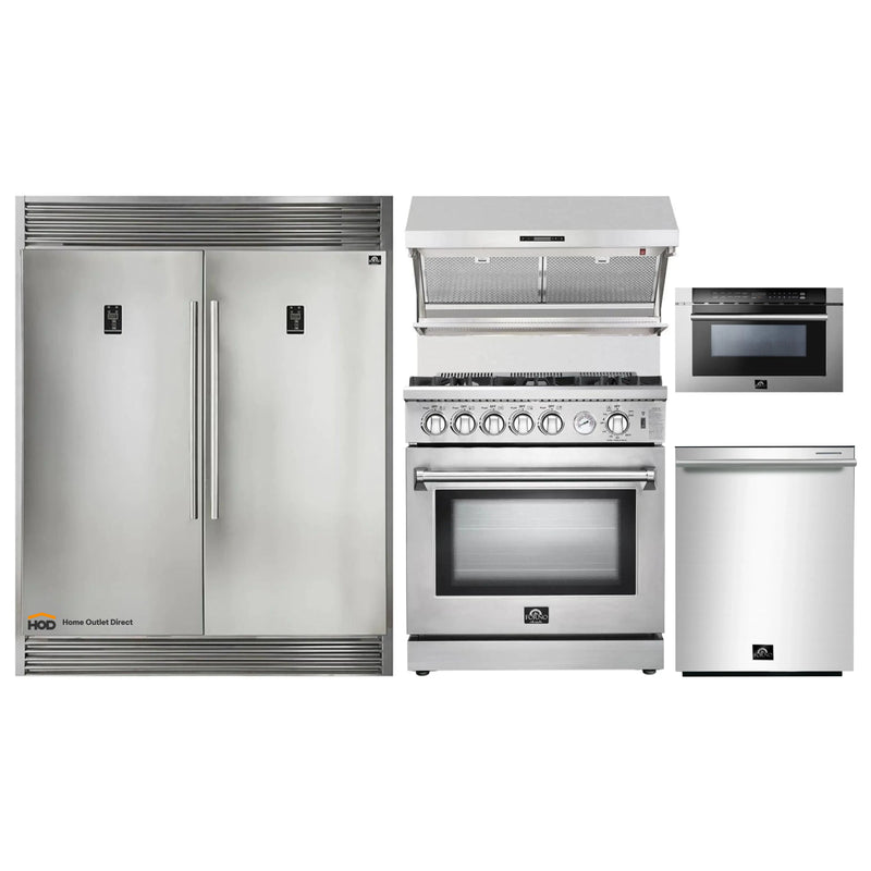 Forno 5-Piece Appliance Package - 30-Inch Gas Range, 60-Inch Pro-Style Refrigerator, Wall Mount Hood with Backsplash, Microwave Drawer, & 3-Rack Dishwasher in Stainless Steel