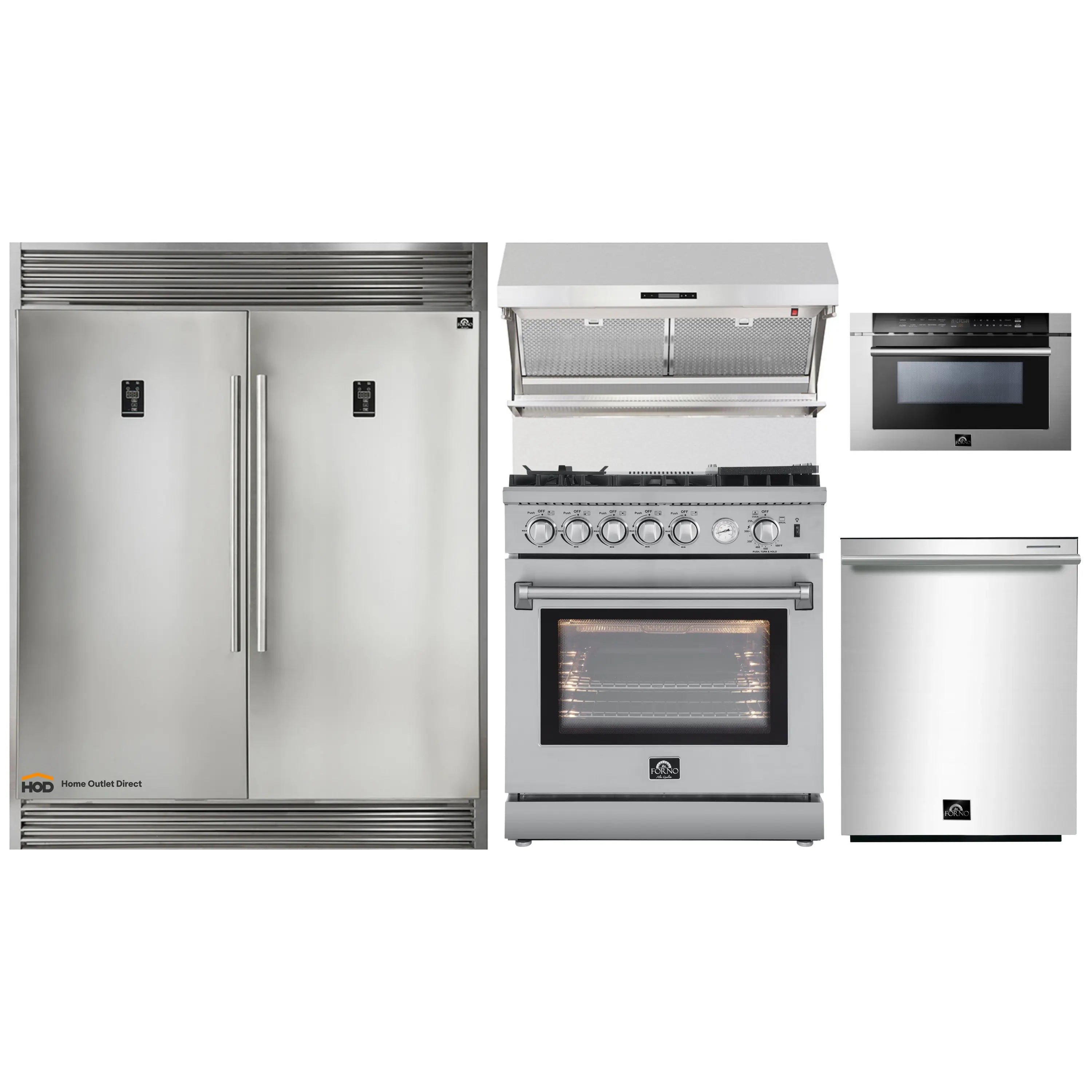 Forno 5-Piece Appliance Package - 30-Inch Gas Range with Air Fryer, 56-Inch Pro-Style Refrigerator, Wall Mount Hood with Backsplash, Microwave Drawer, & 3-Rack Dishwasher in Stainless Steel
