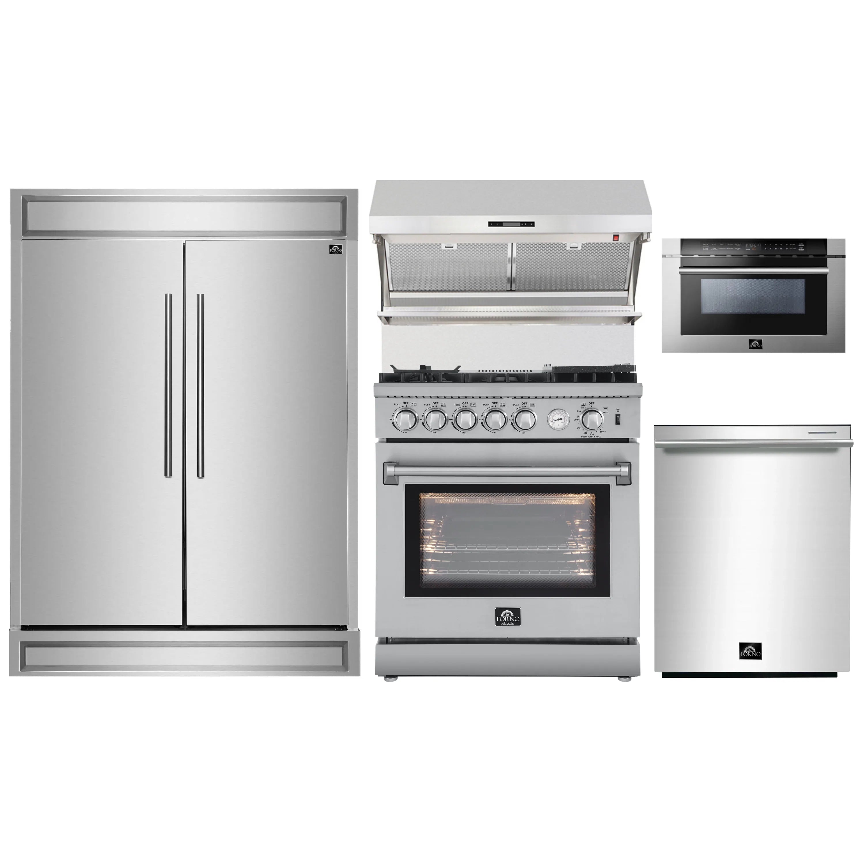 Stainless steel appliance package: refrigerator, gas range, microwave drawer, and dishwasher