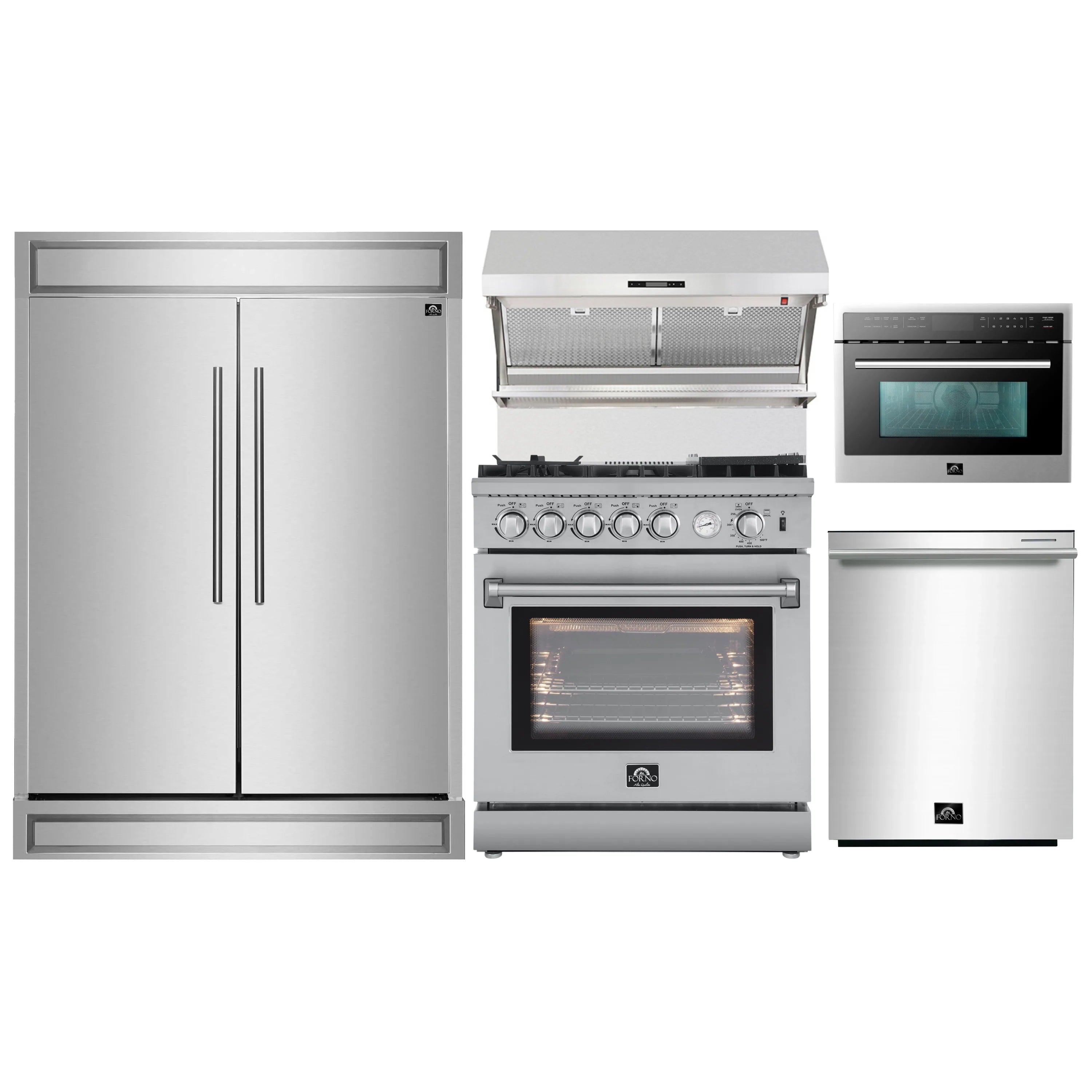 Stainless steel 5-piece kitchen appliance set with refrigerator, gas range, microwave, hood