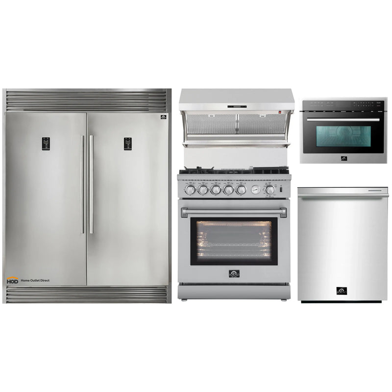 Forno 5-Piece Appliance Package - 30-Inch Gas Range with Air Fryer, 60-Inch Pro-Style Refrigerator, Wall Mount Hood with Backsplash, Microwave Oven, & 3-Rack Dishwasher in Stainless Steel