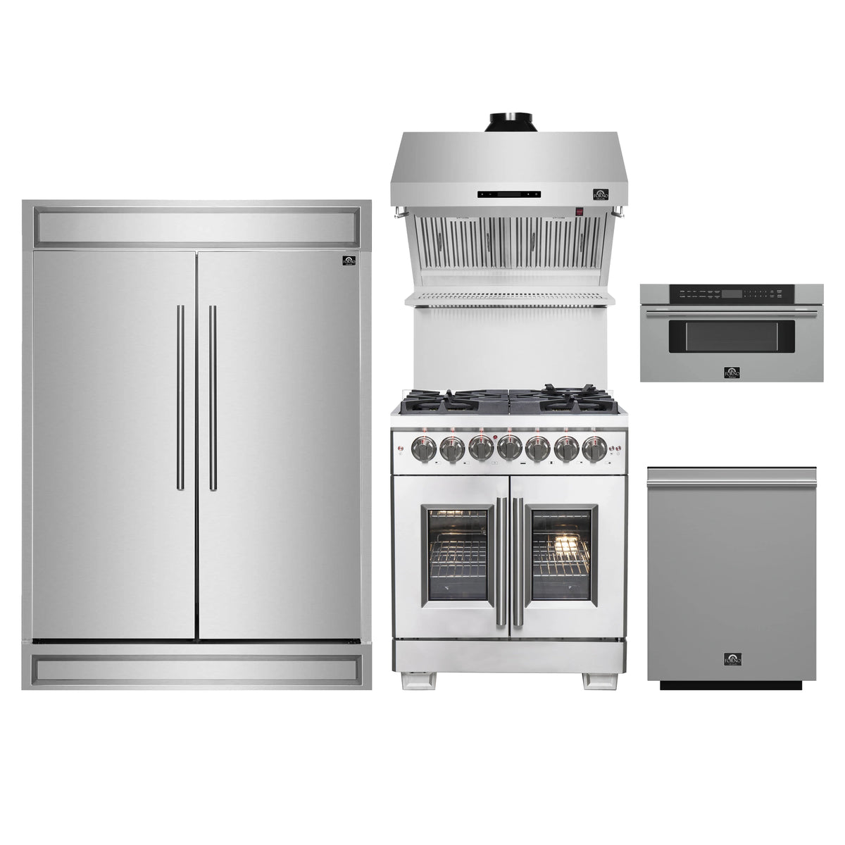 Forno 5-Piece Pro Appliance Package - 30-Inch Dual Fuel Range, 60-Inch Pro-Style Refrigerator, Wall Mount Hood with Backsplash, 30-Inch Microwave Drawer, & 3-Rack Dishwasher in Stainless Steel