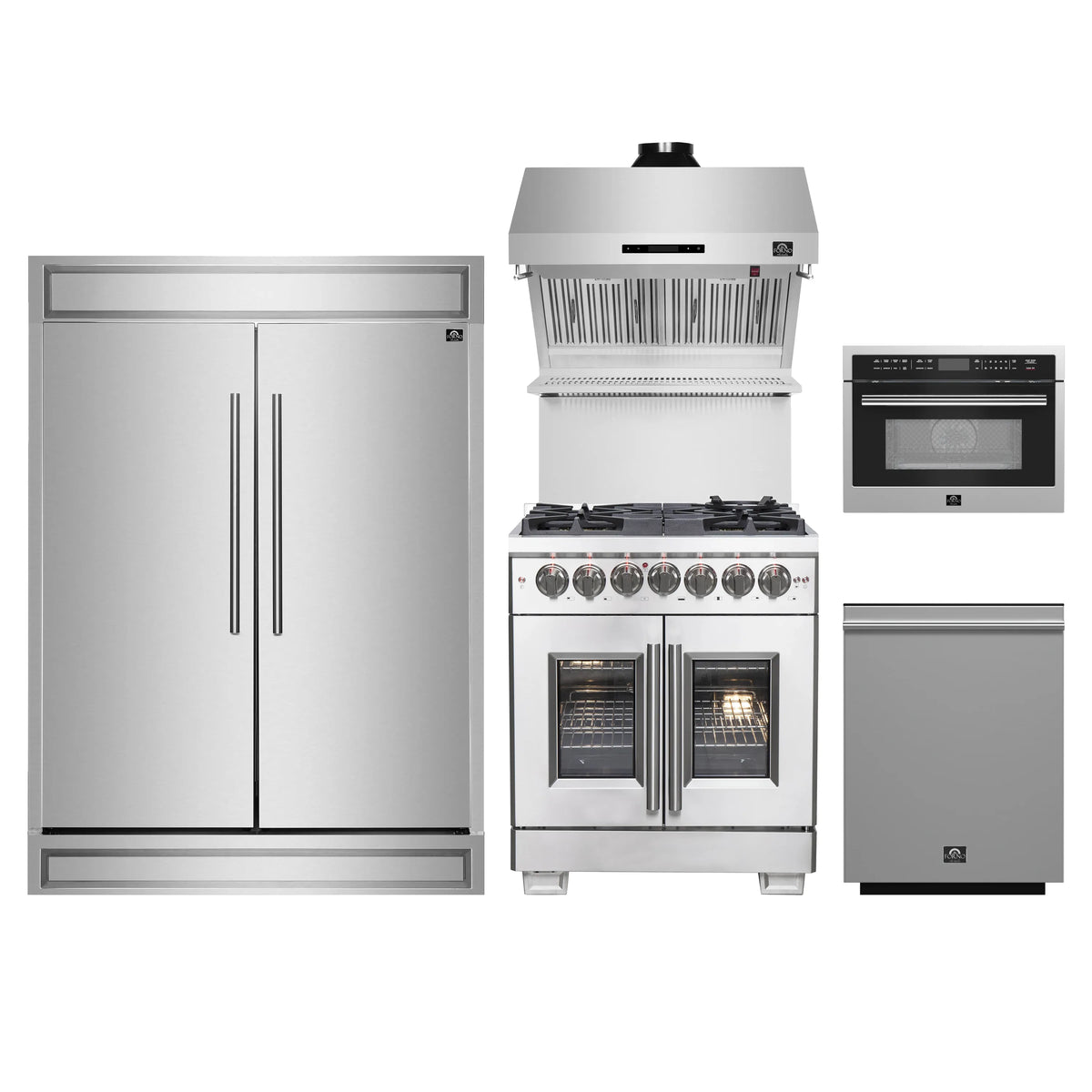 Forno 5-Piece Pro Appliance Package - 30-Inch Dual Fuel Range, 60-Inch Pro-Style Refrigerator, Wall Mount Hood with Backsplash, 24-Inch Microwave Oven, & 3-Rack Dishwasher in Stainless Steel