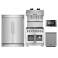 Forno 5-Piece Pro Appliance Package - 36-Inch Capriasca French Door Dual Fuel Range, 60-Inch Pro-Style Refrigerator, Wall Mount Hood with Backsplash, 24-Inch Microwave Drawer, & 3-Rack Dishwasher in Stainless Steel
