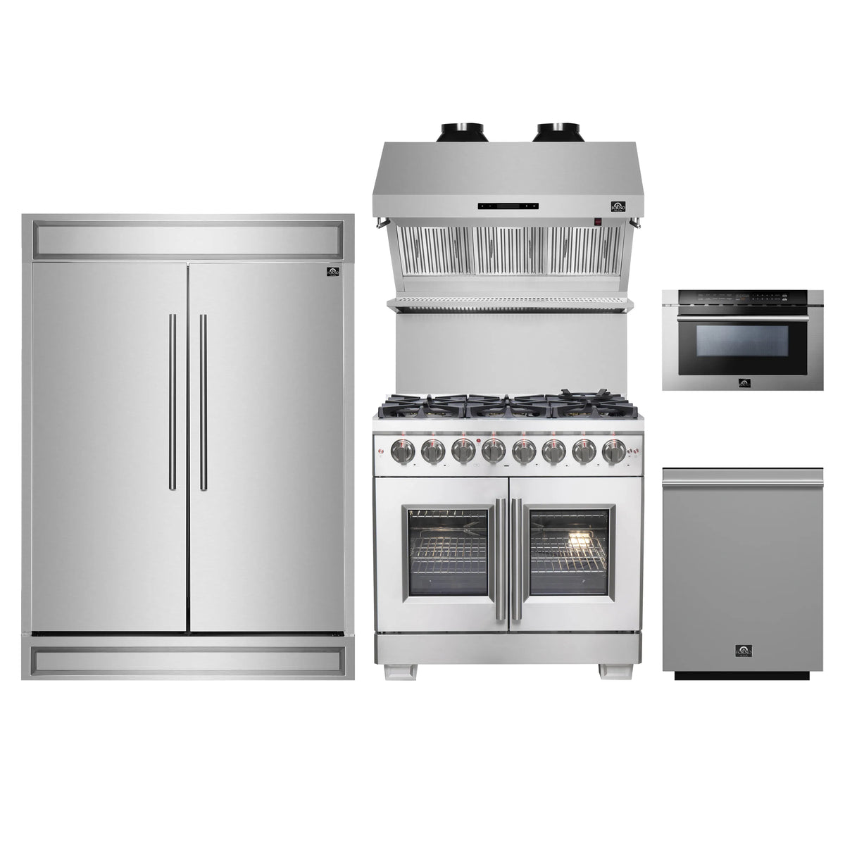 Forno 5-Piece Pro Appliance Package - 36-Inch Dual Fuel Range, 60-Inch Pro-Style Refrigerator, Wall Mount Hood with Backsplash, 24-Inch Microwave Drawer, & 3-Rack Dishwasher in Stainless Steel