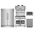 Forno 5-Piece Pro Appliance Package - 36-Inch Capriasca French Door Dual Fuel Range, 60-Inch Pro-Style Refrigerator, Wall Mount Hood with Backsplash, 30-Inch Microwave Drawer, & 3-Rack Dishwasher in Stainless Steel