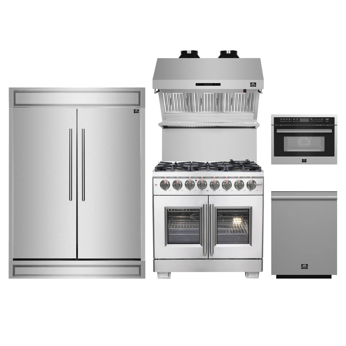 Forno 5-Piece Pro Appliance Package - 36-Inch Dual Fuel Range, 60-Inch Pro-Style Refrigerator, Wall Mount Hood with Backsplash, 24-Inch Microwave Oven, & 3-Rack Dishwasher in Stainless Steel