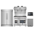 Forno 5-Piece Pro Appliance Package - 48-Inch Capriasca French Door Dual Fuel Range, 60-Inch Pro-Style Refrigerator, Wall Mount Hood with Backsplash, 24-Inch Microwave Drawer, & 3-Rack Dishwasher in Stainless Steel