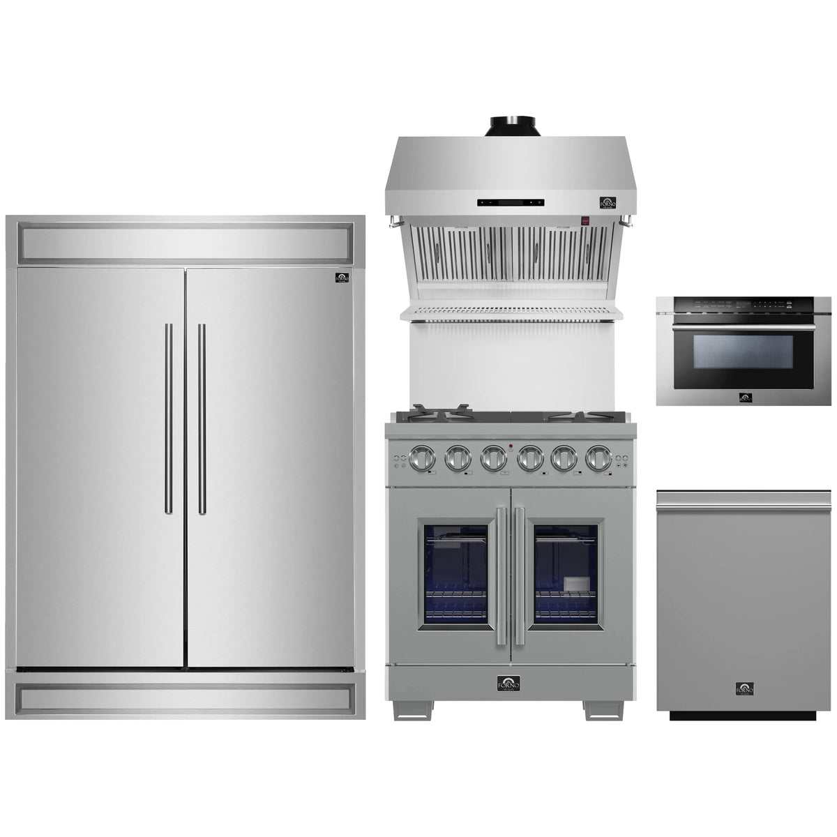 Forno 5-Piece Pro Appliance Package - 30-Inch Gas Range, 60-Inch Pro-Style Refrigerator, Wall Mount Hood with Backsplash, 24-Inch Microwave Drawer, & 3-Rack Dishwasher in Stainless Steel
